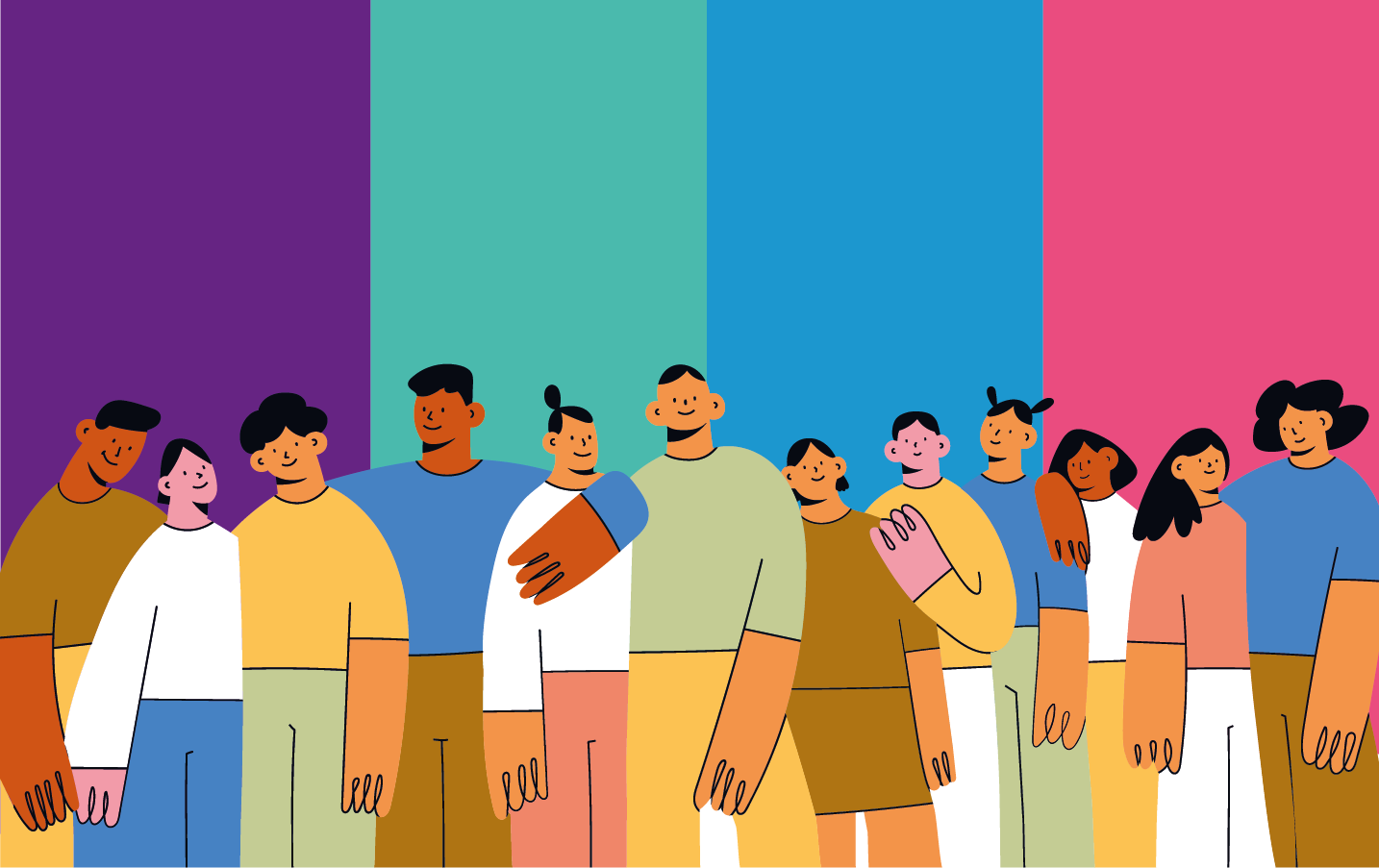 Illustration of a group of smiling people standing together